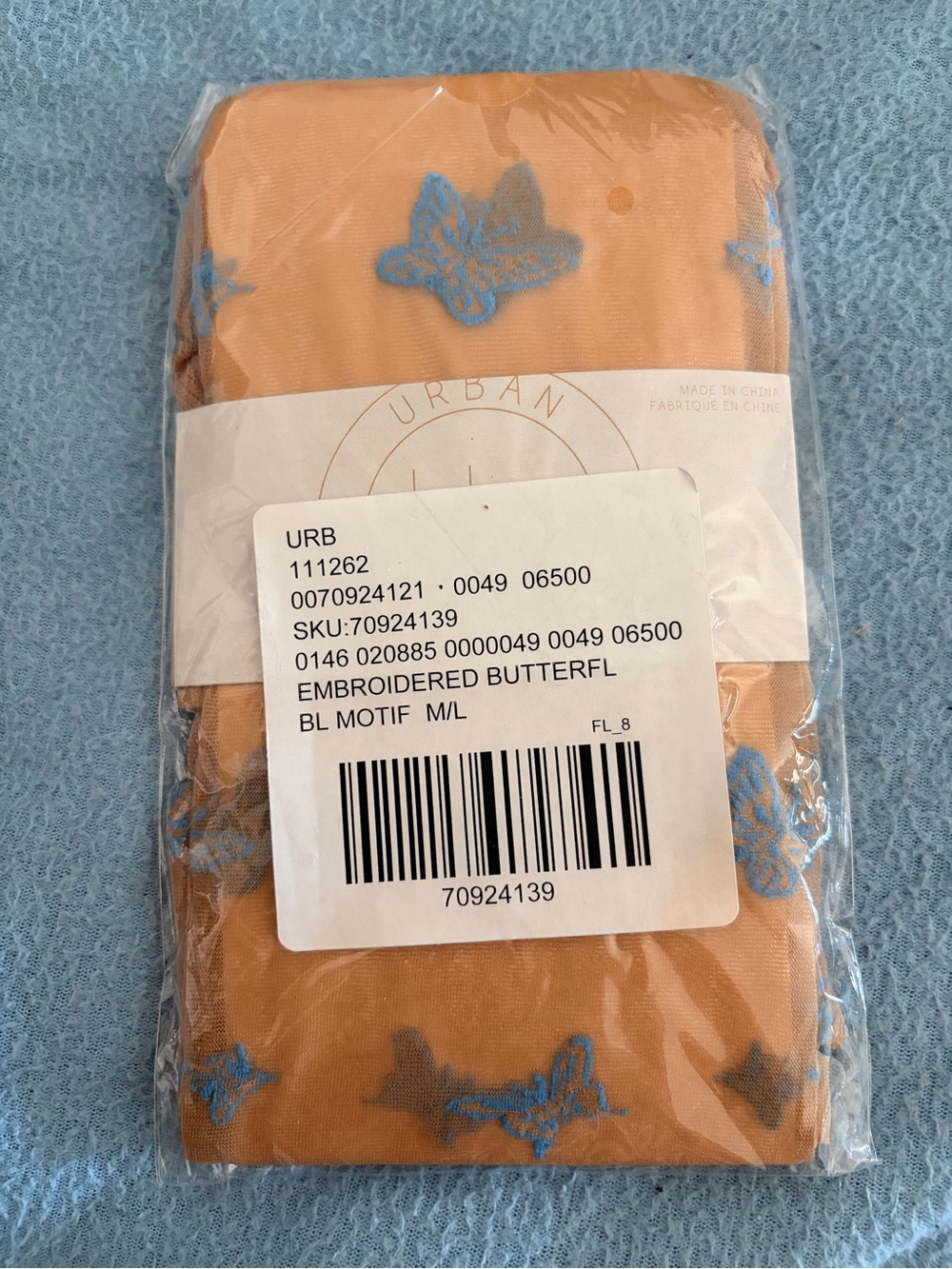 Urban Outfitters Embroidered Butterfly stockings- tan with Blue